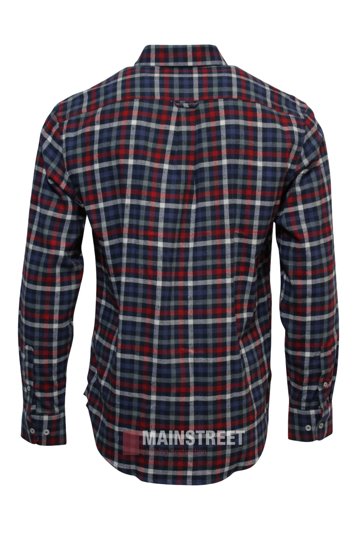 The Back Bay Brushed Cotton Check Shirt is a long-sleeved, button-up shirt featuring a red, navy, and white plaid pattern in soft brushed cotton. "MAINSTREET" is printed near the bottom hem for a cozy, classic winter look.