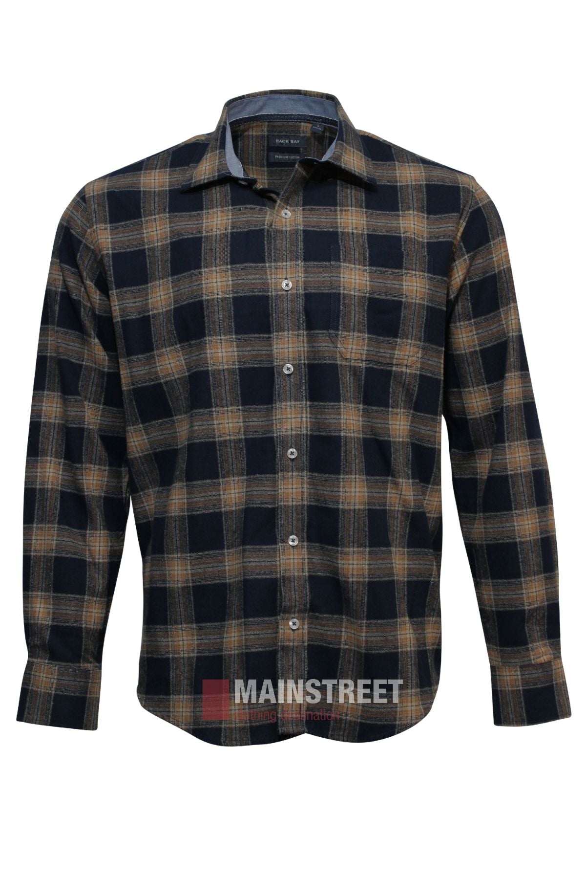 The Back Bay Brushed Cotton Check Shirt is a long-sleeve, button-down flannel with a black and brown plaid pattern, white buttons, and a classic collar—ideal for cozy winter wear. Displayed on a white background.