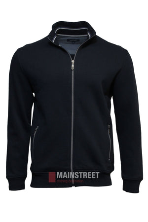 The Back Bay Brushed Fleece Full Zip is a black winter jacket with a stand collar, two zippered side pockets, cuffed sleeves and hem, finished with a small "Mainstreet" logo at the bottom. Displayed on a white background.