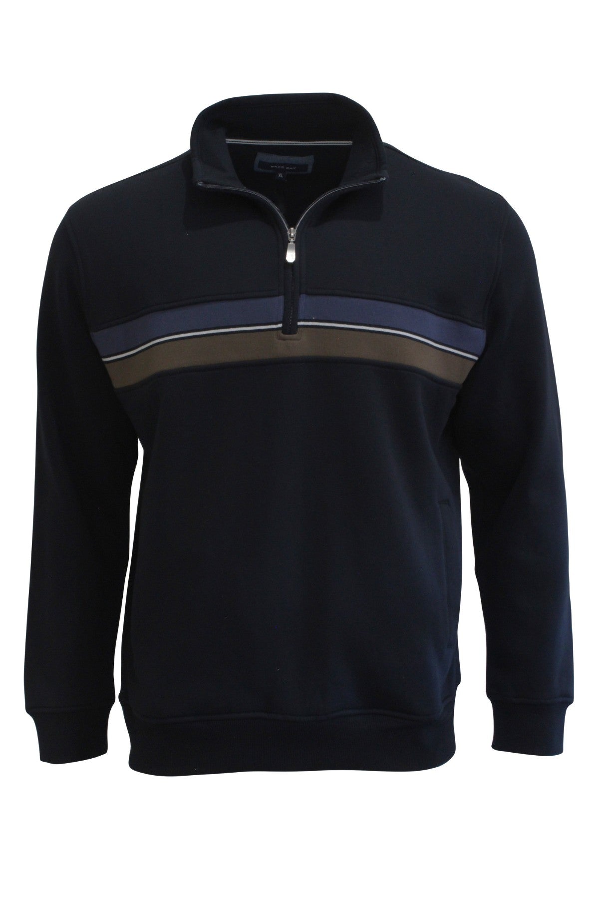 The Back Bay Brushed Panel Fleece is a black long-sleeve 1/4 zip pullover with a stand collar and blue and olive chest stripes, ideal as a layering fleece for cool weather comfort.