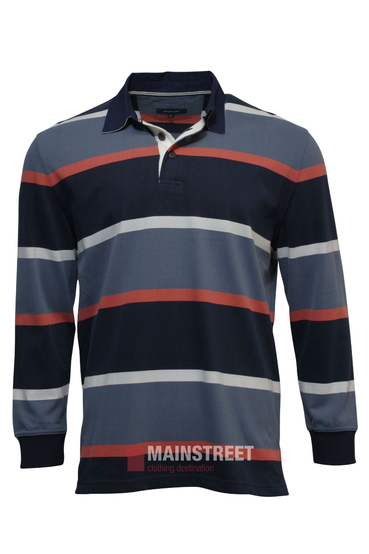 The Back Bay Cotton Rugby is a long-sleeved polo shirt with a collar, buttoned neckline, ribbed cuffs, and horizontal stripes in navy blue, light blue, white, and red—ideal for your winter wardrobe.