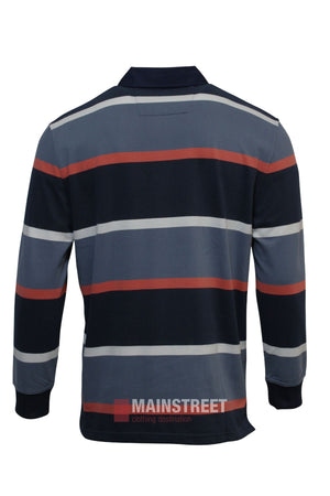The Back Bay Cotton Rugby is a long-sleeved polo with horizontal navy, gray, white, and rust-red stripes, plus a dark collar and cuffs—ideal for your winter wardrobe.