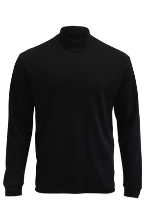 The Back Bay Fine Interlock Mock Skivvy is a plain black long-sleeve turtleneck shirt made from a cotton-polyester blend, ideal as a versatile base layer, shown on a white background with no visible logos or designs.