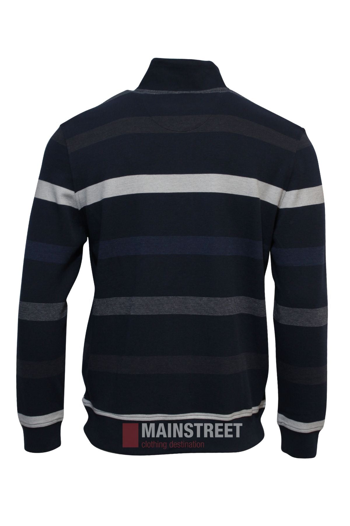 The Back Bay French Rib Stripe Fleece is a long-sleeve, dark sweater featuring grey, blue, and white stripes with a cozy fleece texture. Shown from the back on a plain white background—ideal for winter wear.