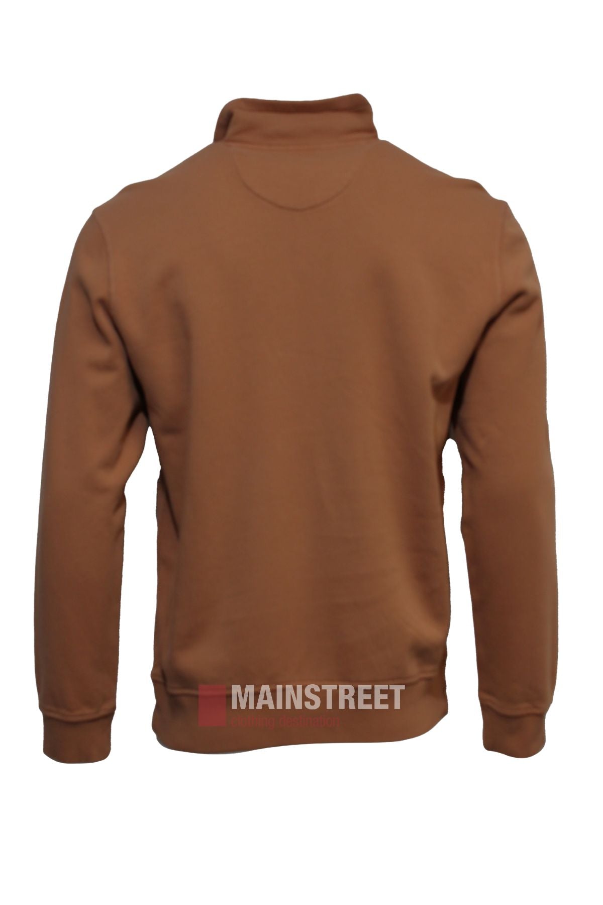 The Back Bay Garment Dyed 1/4 Zip Fleece is shown from the back in brown, with a high collar and ribbed cuffs, displayed on a plain white background.