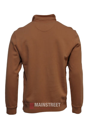The Back Bay Garment Dyed 1/4 Zip Fleece is shown from the back in brown, with a high collar and ribbed cuffs, displayed on a plain white background.