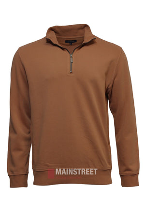 The Back Bay Garment Dyed 1/4 Zip Fleece is a brown men's pullover sweatshirt featuring a 1/4 zip collar, ribbed cuffs and hem, and is shown on a plain white background.