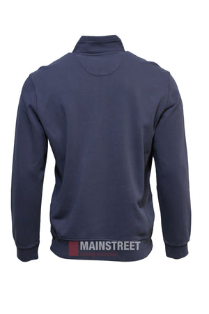 A navy blue Back Bay Garment Dyed 1/4 Zip Fleece for men, shown from the back with long sleeves, a collar, and ribbed cuffs, featuring the Mainstreet Clothing Destination logo near the hem.