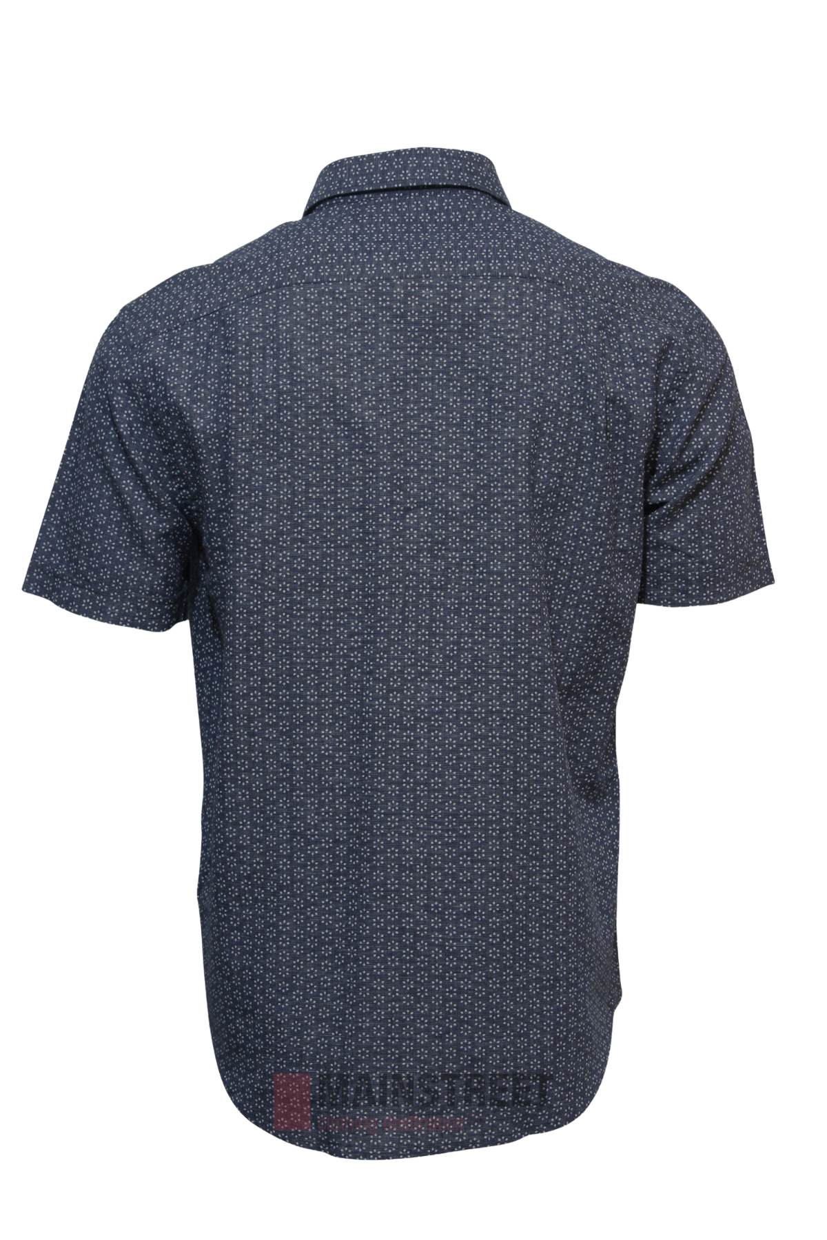 The Back Bay Linen Print Short Sleeve Shirt in navy features a subtle small geometric pattern and is shown from the back against a white background—a stylish, lightweight choice for summer.