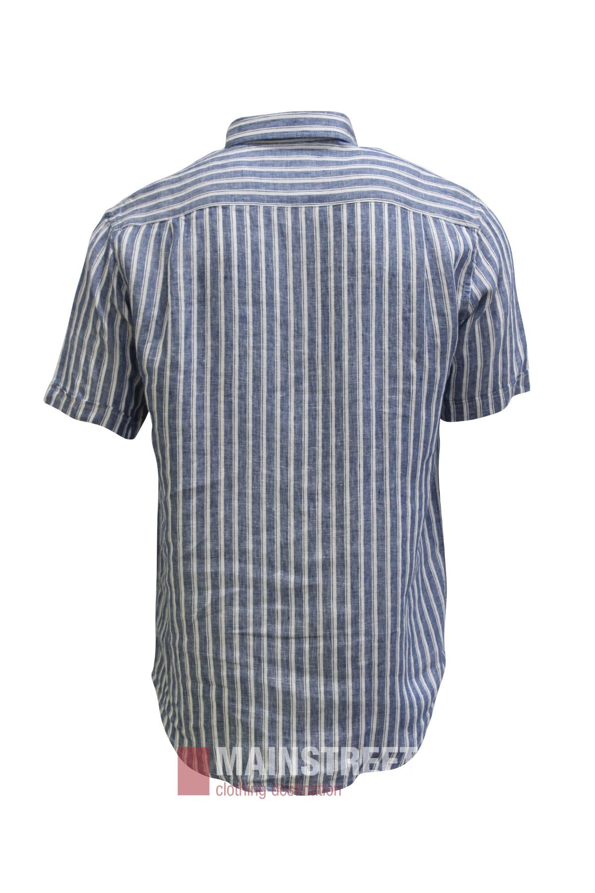 The Back Bay Linen Stripe Short Sleeve Shirt is displayed from the back, laid flat to showcase its collar, yoke at the shoulders, and casual button-up design. The shirt features breathable linen fabric with vertical blue and white stripes and short sleeves.