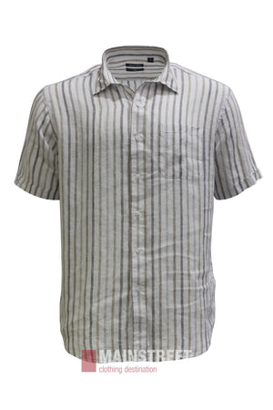 The Back Bay Linen Stripe Short Sleeve Shirt features short sleeves, a button-up front, vertical beige and white stripes, a left chest pocket, and a visible collar. Made from lightweight and breathable linen, this shirt is displayed on a plain white background.