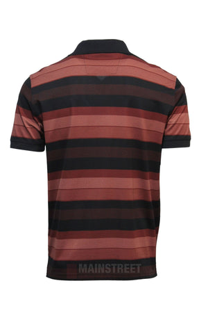 The Back Bay Mercerised Cotton Block Stripe Polo features horizontal black and dark red stripes, a black collar, and cuffs for a classic men's look, shown from the back.