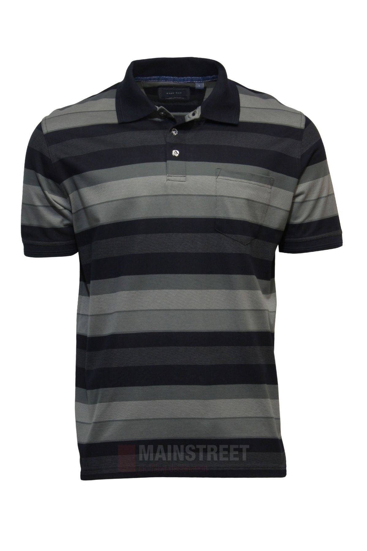 The Back Bay Mercerised Cotton Block Stripe Polo is a men's short-sleeve, collared shirt with black and gray horizontal stripes, a chest pocket, two-button neckline, and soft mercerised cotton for a polished finish.