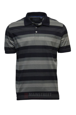 The Back Bay Mercerised Cotton Block Stripe Polo is a men's short-sleeve, collared shirt with black and gray horizontal stripes, a chest pocket, two-button neckline, and soft mercerised cotton for a polished finish.