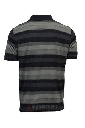 Back view of the Back Bay Mercerised Cotton Block Stripe Polo, a men's shirt with alternating horizontal black and gray stripes, classic collar, and crafted from premium mercerised cotton. No visible logos or designs.