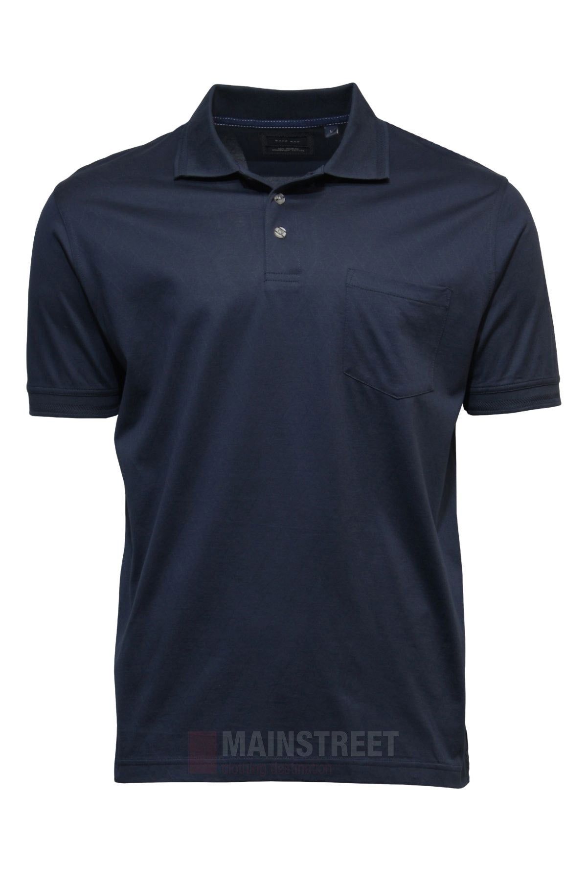 The Back Bay Mercerised Cotton Plain Polo is a navy blue short-sleeve shirt with a collar, two buttons, and a chest pocket, shown on a white background.