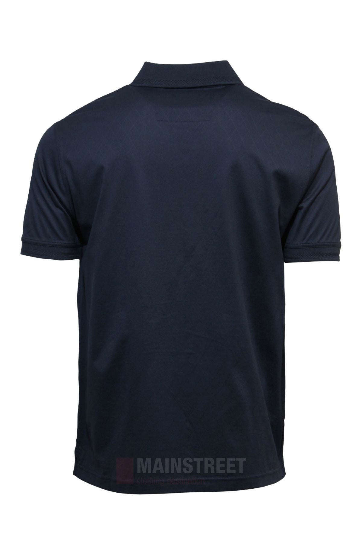 The Back Bay Mercerised Cotton Plain Polo is a navy blue, short-sleeve polo shirt with a collar, shown from the back, featuring no visible logos or designs.