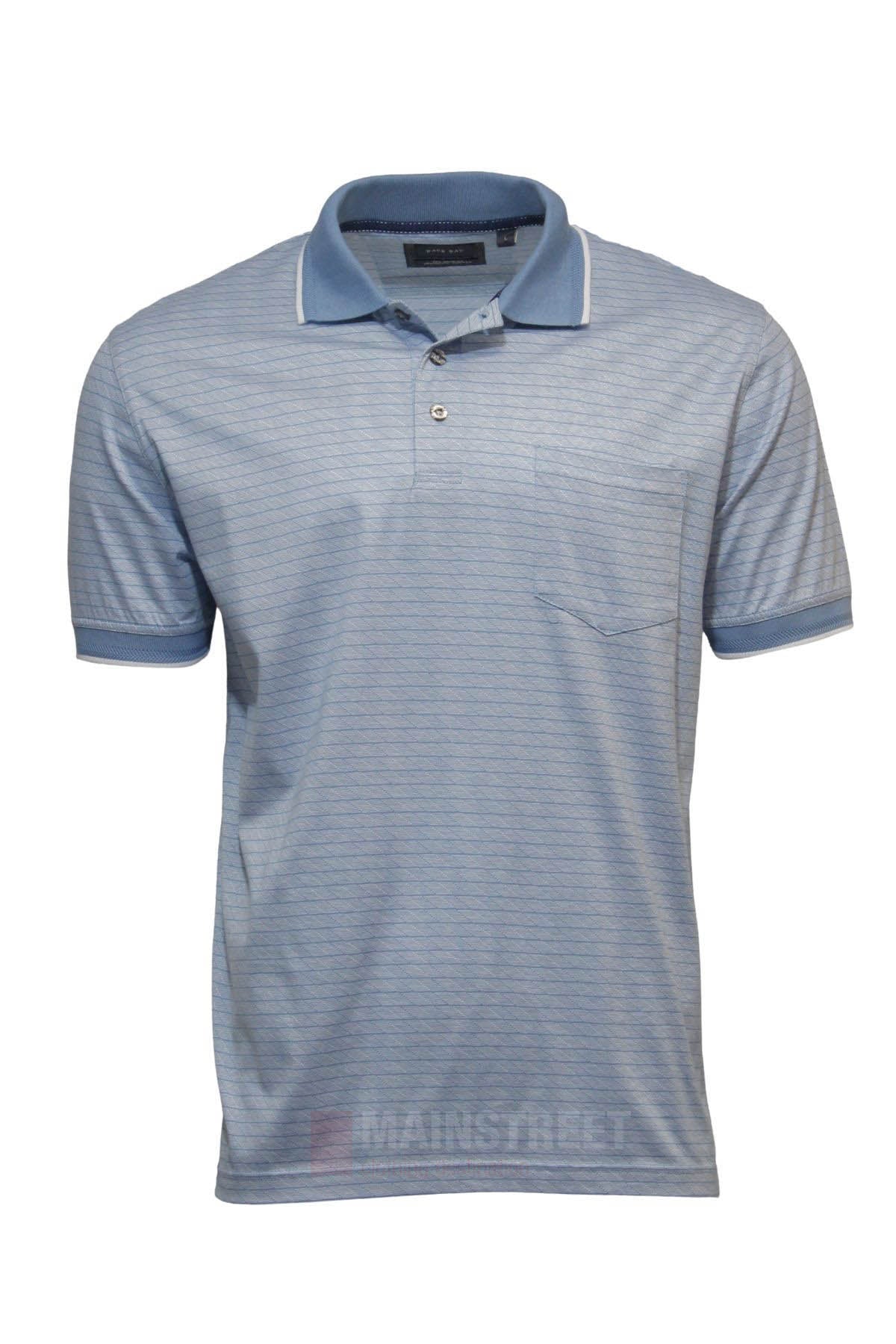 The Back Bay Mercerised Cotton Polo features light blue mercerised cotton, subtle horizontal stripes, contrast cuffs and collar with white trim, a front chest pocket, and buttoned placket. Displayed on a plain white background.