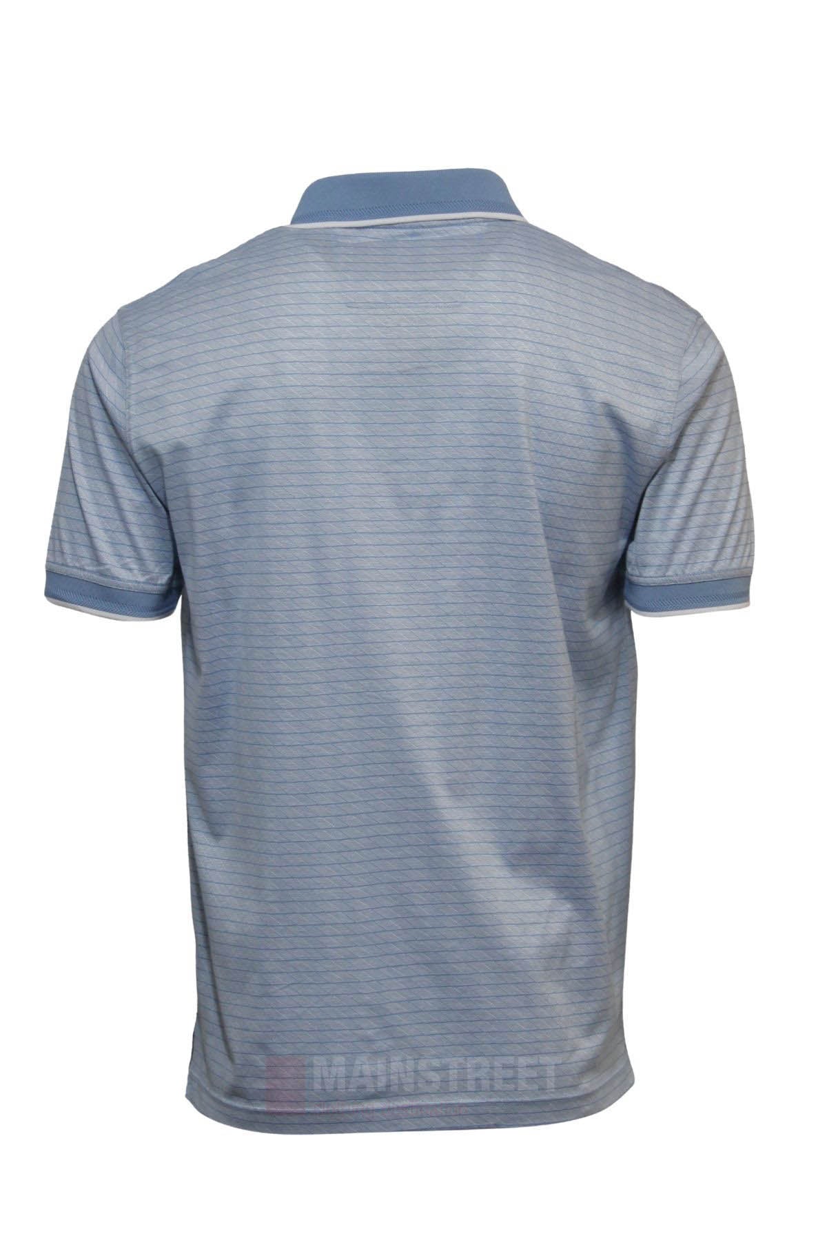 The Back Bay Mercerised Cotton Polo for men is shown from the back against a white background. It features light blue mercerised cotton, short sleeves, a collar, and subtle horizontal stripes.