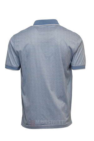 The Back Bay Mercerised Cotton Polo for men is shown from the back against a white background. It features light blue mercerised cotton, short sleeves, a collar, and subtle horizontal stripes.