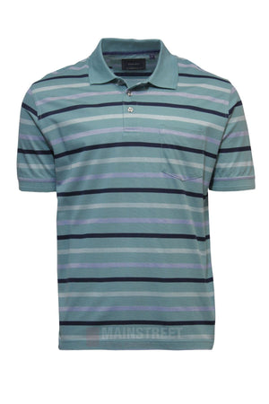 The Back Bay Mercerised Cotton Stripe Polo is a men's shirt made from soft mercerised cotton, featuring blue, teal, and gray horizontal stripes, a classic collar, button front, and a left chest pocket.
