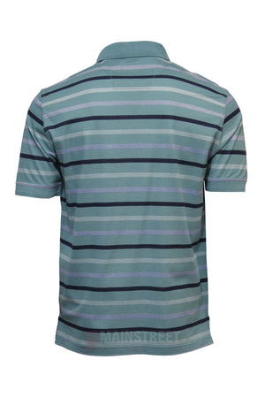 The Back Bay Mercerised Cotton Stripe Polo is a men's short-sleeved shirt shown from the back, featuring horizontal green, blue, and black stripes. It has a collar, relaxed fit, and is made from soft mercerised cotton.