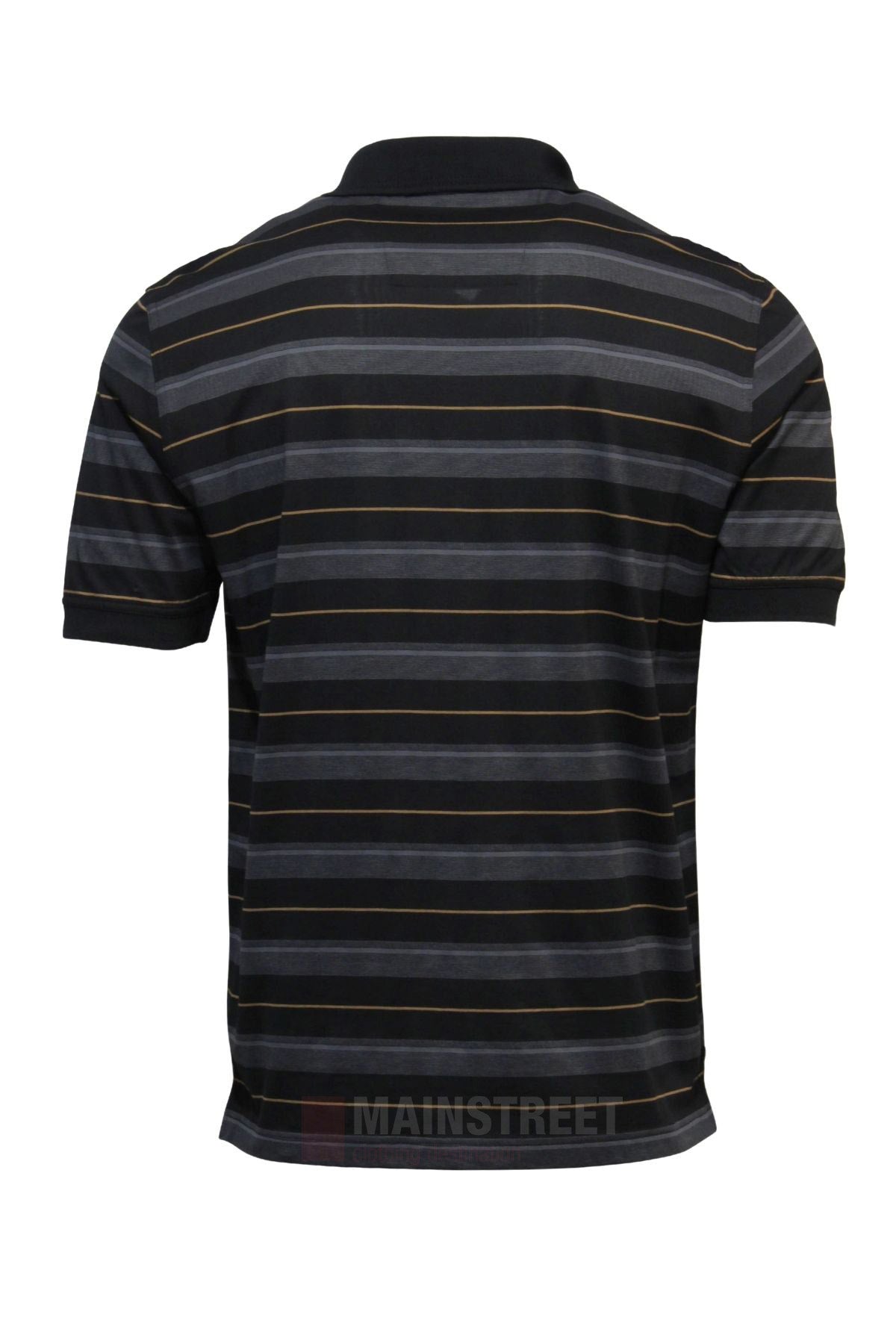 The Back Bay Mercerised Cotton Stripe Polo features black short sleeves and horizontal gray, brown, and white stripes, shown from the back against a white background. For the ideal fit, check our size guide and half chest measurement details.