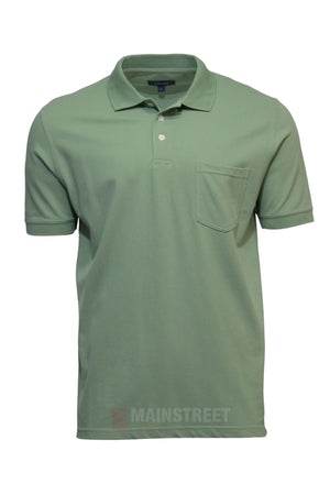 The Back Bay Micro Pique Plain Polo in light green features a classic collar, two-button neckline, soft-touch fabric, and a single chest pocket, shown against a plain white background.
