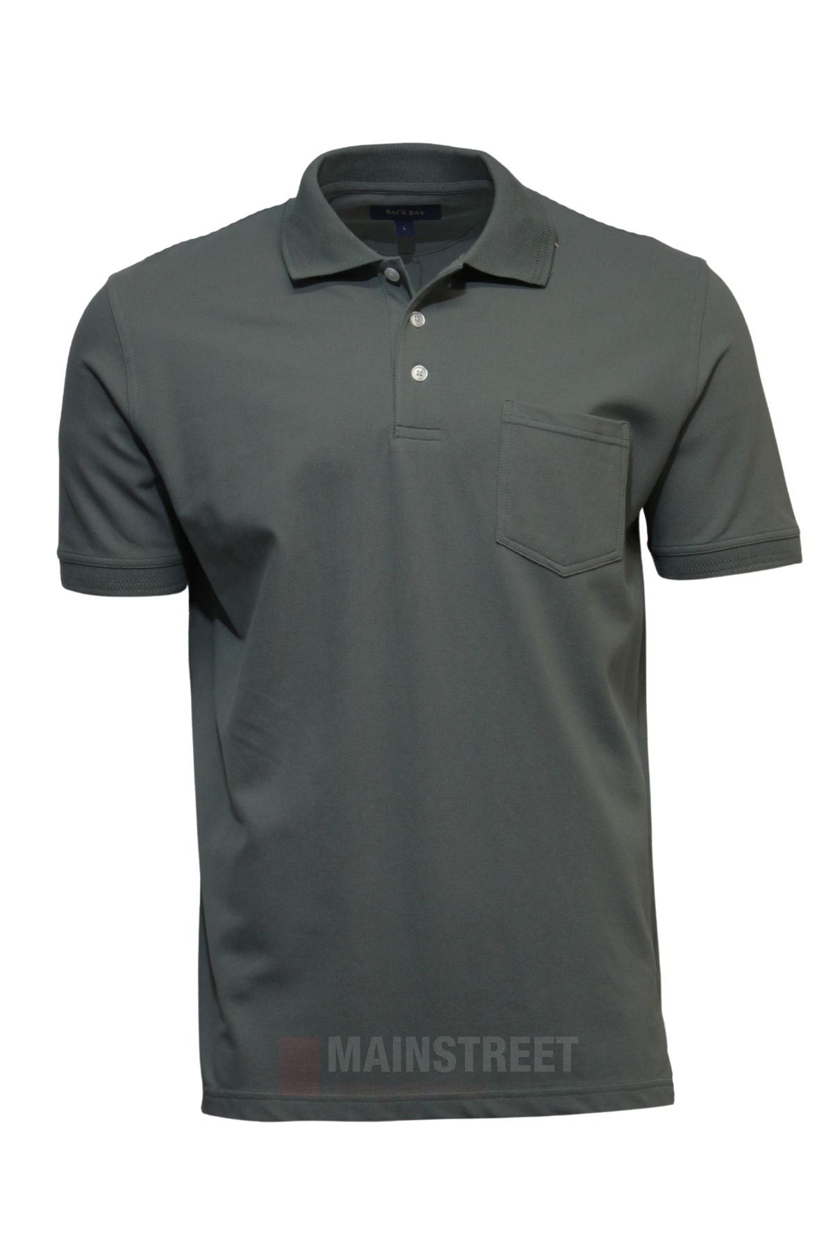 The Back Bay Micro Pique Plain Polo is a dark gray, short-sleeved shirt with a collar, three buttons, and a chest pocket. Made from soft-touch fabric, it offers casual comfort and is shown on a white background.