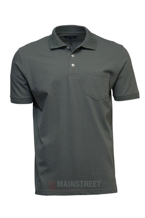The Back Bay Micro Pique Plain Polo is a dark gray, short-sleeved shirt with a collar, three buttons, and a chest pocket. Made from soft-touch fabric, it offers casual comfort and is shown on a white background.