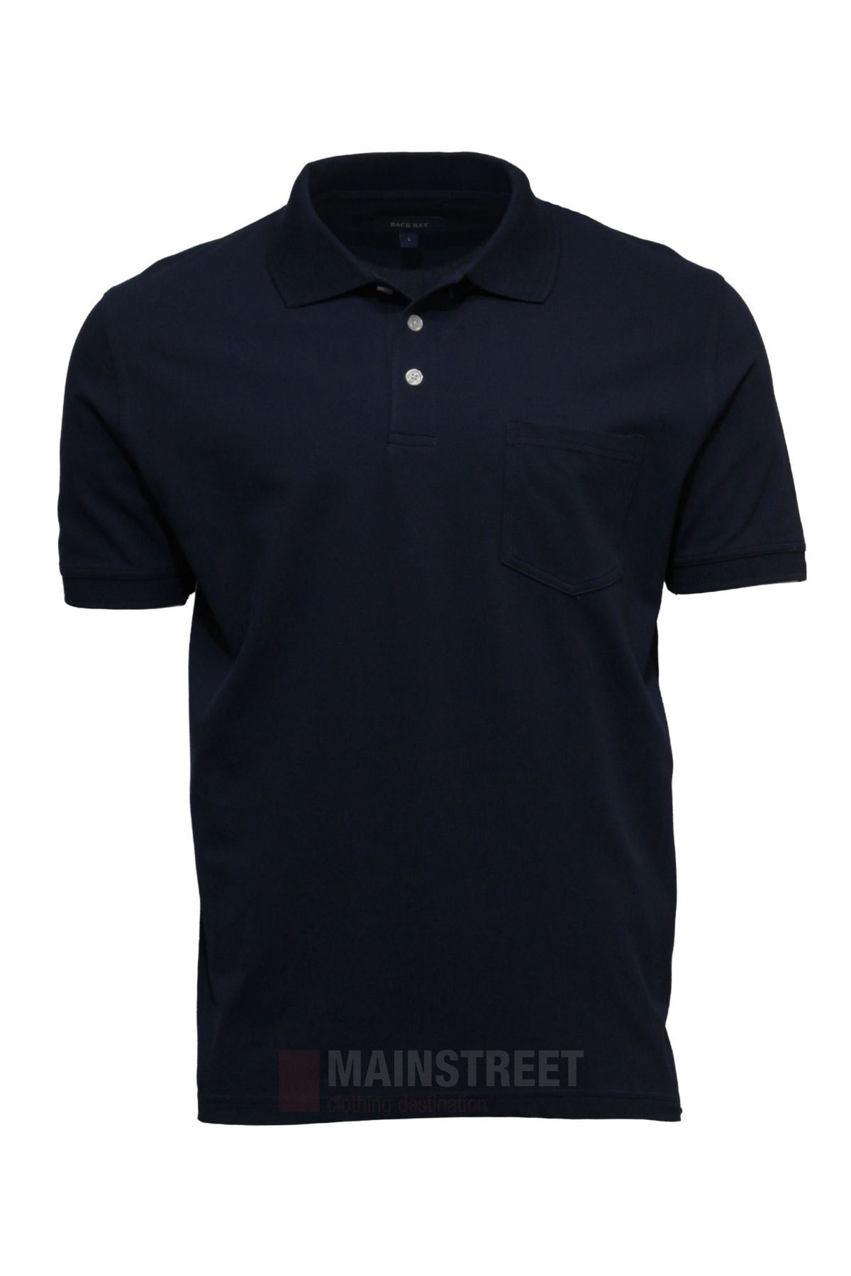 The Back Bay Micro Pique Plain Polo features a dark navy blue color, classic collar, three-button placket, chest pocket, and is crafted from soft-touch fabric. Displayed on a white background.