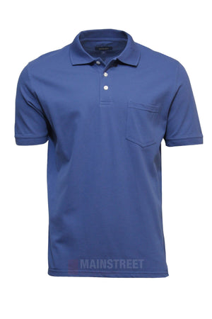 The Back Bay Micro Pique Plain Polo is a short-sleeve blue shirt with a classic collar, three buttons, and a chest pocket, displayed on a white background.