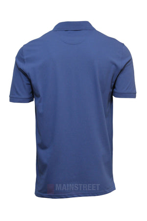 A blue Back Bay Micro Pique Plain Polo shown from the back, with a classic collar and short sleeves. Made from soft-touch fabric, it features no visible logos except for a faint "MAINSTREET" watermark near the hem.