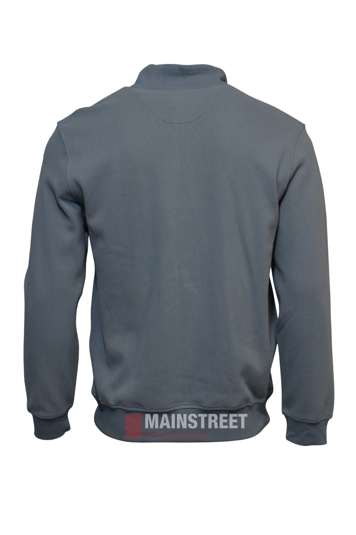 A regular fit gray Back Bay Peached French Rib Fleece jumper with long sleeves, shown from the back. "MAINSTREET" and a red rectangle are printed near the bottom hem on the back.