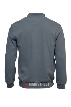 A regular fit gray Back Bay Peached French Rib Fleece jumper with long sleeves, shown from the back. "MAINSTREET" and a red rectangle are printed near the bottom hem on the back.