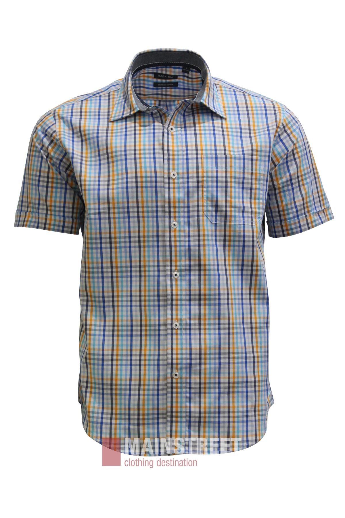 Back Bay Premium Cotton Check Short Sleeve Shirt for men, featuring a yellow, blue, and white plaid pattern and short sleeves, is displayed on a white background.