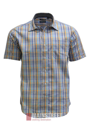 Back Bay Premium Cotton Check Short Sleeve Shirt for men, featuring a yellow, blue, and white plaid pattern and short sleeves, is displayed on a white background.