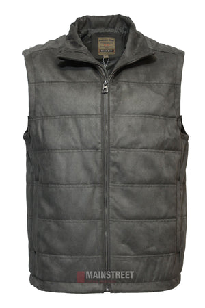 The Back Bay Suede Vest is a sleeveless gray quilted vest with a front zipper, two side pockets, an internal pocket, and a stand-up collar. Displayed on a white background, the label "MAINSTREET" appears at the bottom.