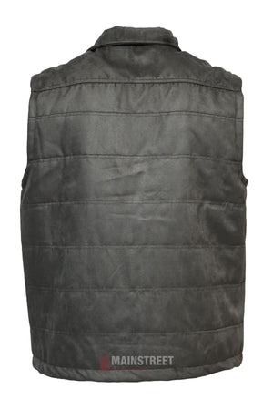 A back view of the Back Bay Suede Vest in dark gray with quilted horizontal stitching and a collar, shown against a white background. "MAINSTREET" is printed near the bottom center.