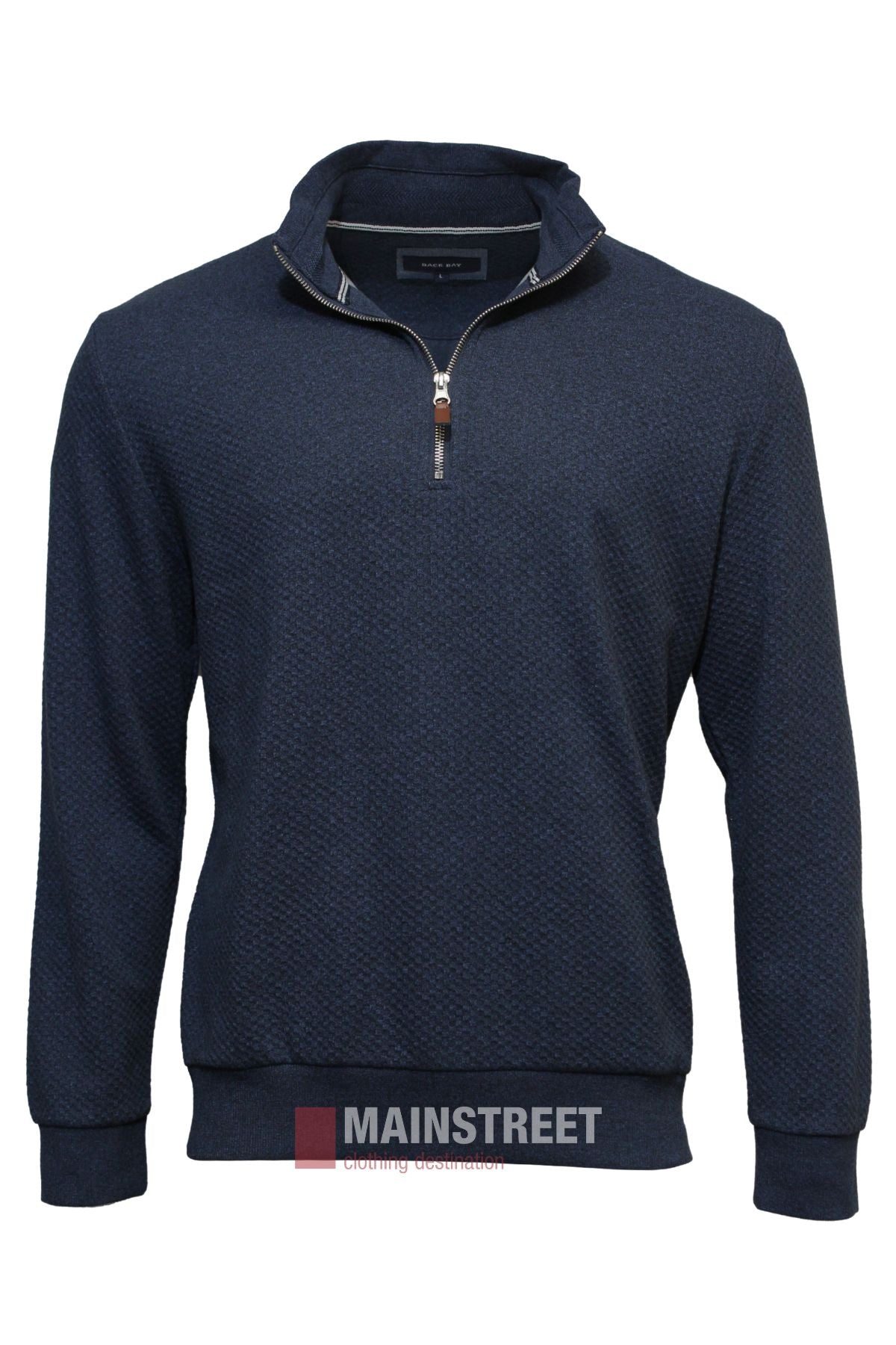 The Back Bay Waffle 1/4 Zip Light Weight Fleece in navy features a textured pattern, ribbed cuffs and hem, and a quarter-zip collar. Displayed on a white background. Check our size guide for chest measurements before ordering.