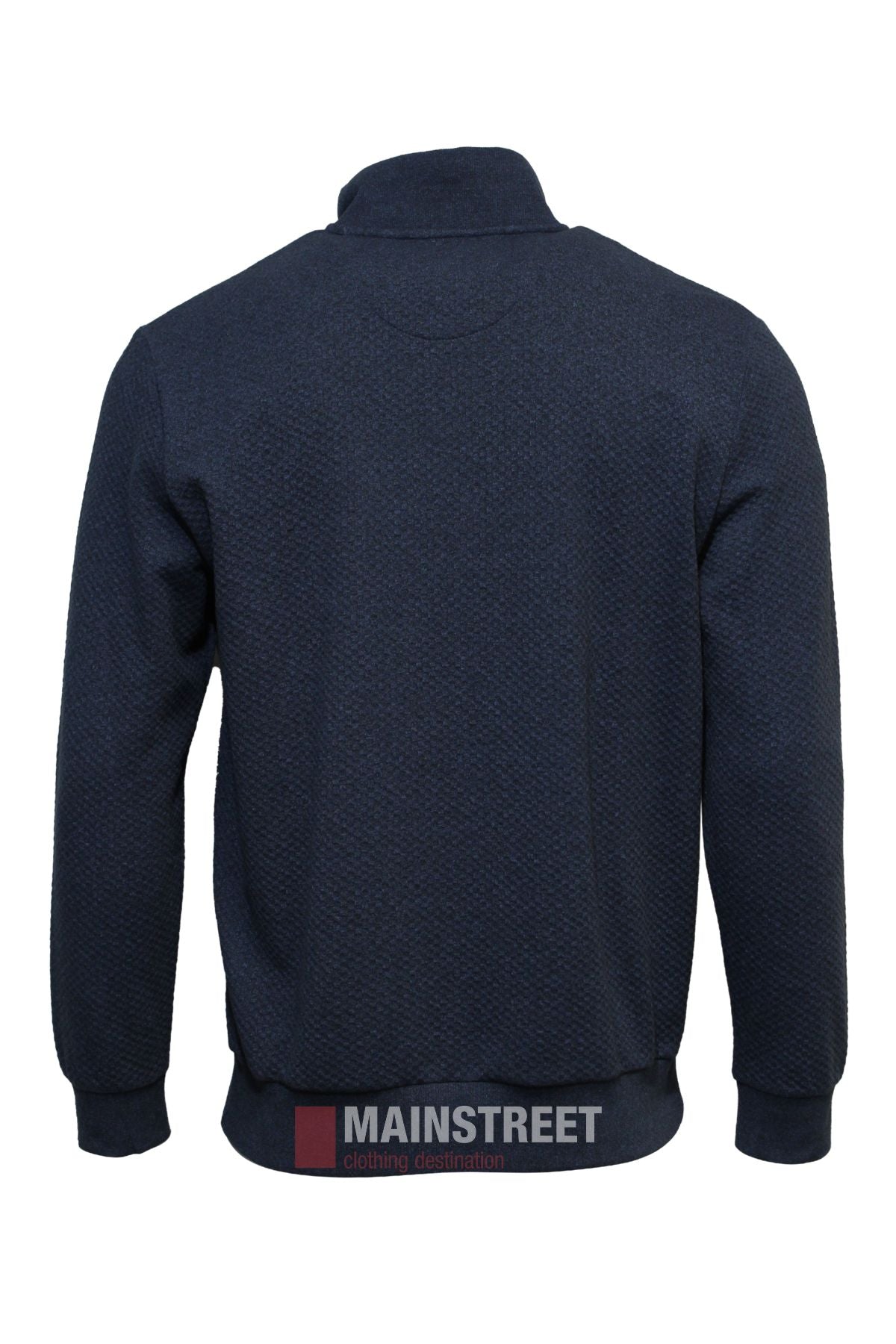 Back view of the Back Bay Waffle 1/4 Zip Light Weight Fleece in navy blue with a textured finish, collar, long sleeves, and ribbed cuffs and hem on a white background. For fit details, see our size guide or contact customer service. "MAINSTREET" watermark included.
