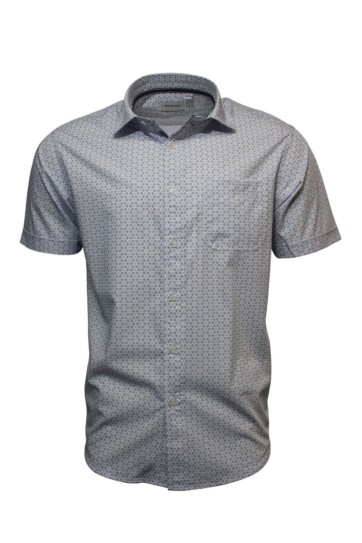 The Back Bay Bamboo Soft Touch Print Short Sleeve Shirt is a men's button-up, made from a soft polyester-cotton blend with a light gray geometric print, featuring a single chest pocket and a spread collar for classic style.