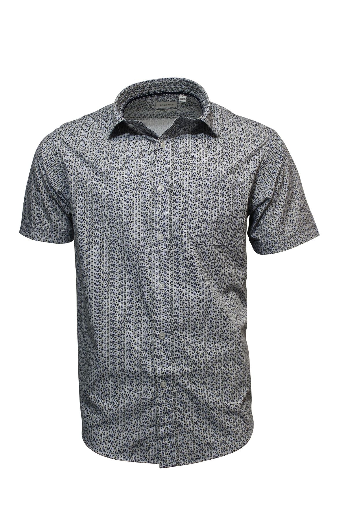 The Back Bay Bamboo Soft Touch Print Short Sleeve Shirt is a men's blue and white geometric print shirt with a classic collar, single chest pocket, and button-up style, made from a soft polyester-cotton blend, shown on a plain white background.
