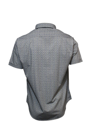 The Back Bay Bamboo Soft Touch Print Short Sleeve Shirt is shown from the back, featuring a small geometric print in dark and light tones on white. Made from a breathable bamboo-polyester-cotton blend for lasting comfort.