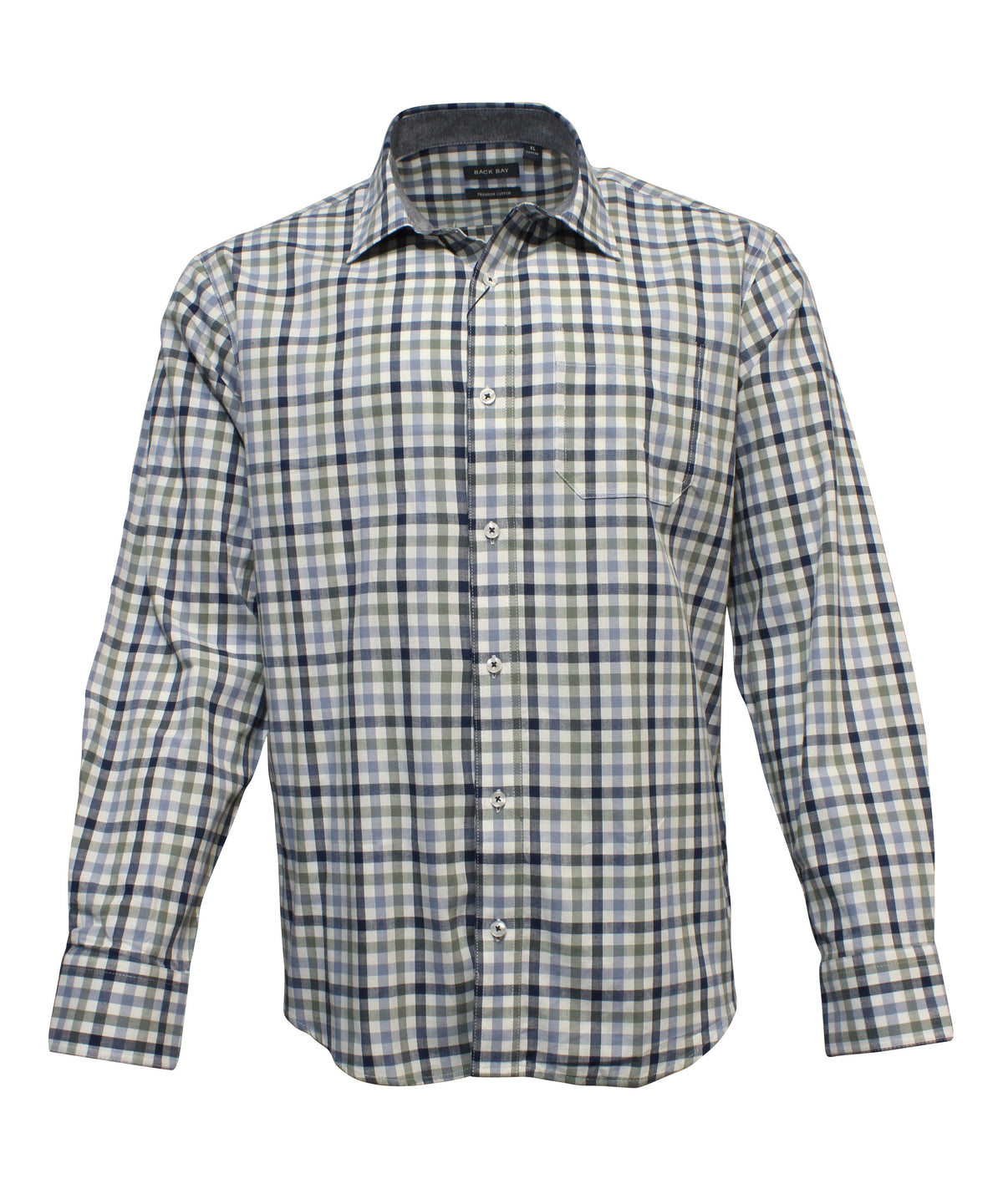 The Back Bay Brushed Cotton Check Shirt is a long-sleeved, button-up shirt with a collar, featuring white, blue, and gray checks. Displayed on a plain white background.