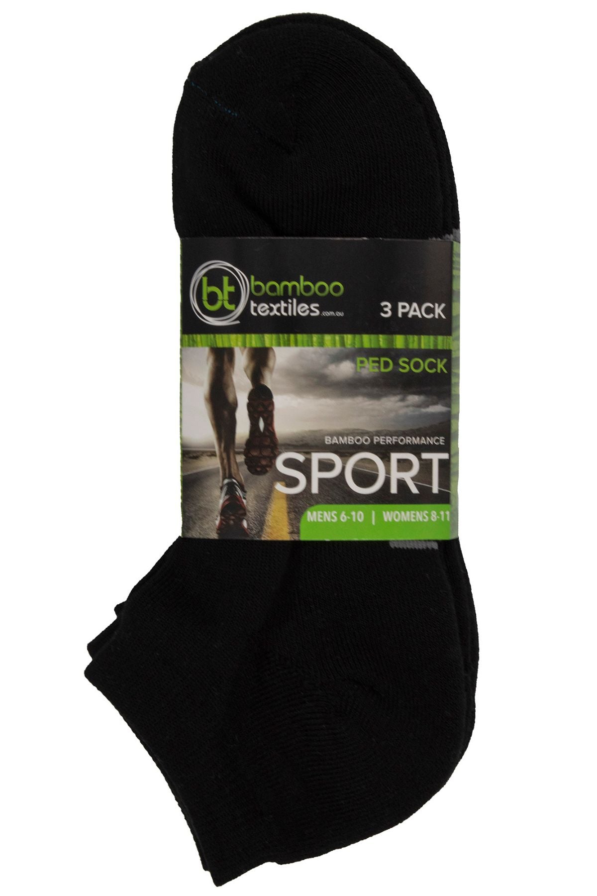 The Bamboo 3pk Ped Sock features black bamboo ankle socks for men’s sizes 6-10 and women’s sizes 8-11, designed for sports with blister protection. Packaging shows a runner's legs on a road.