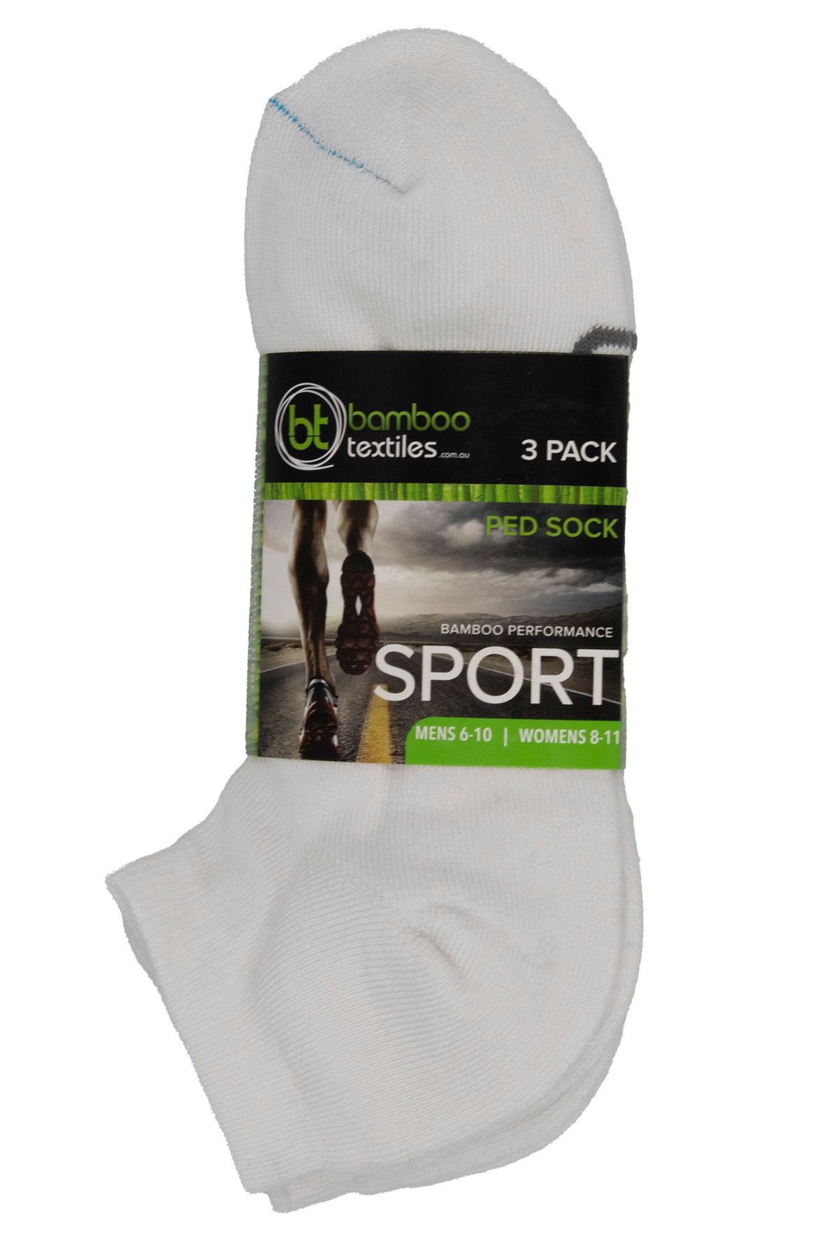 The Bamboo 3pk Ped Sock offers blister protection in white bamboo, fitting men’s 6-10 and women’s 8-11. Packaging shows a runner's legs to highlight their sports performance design.
