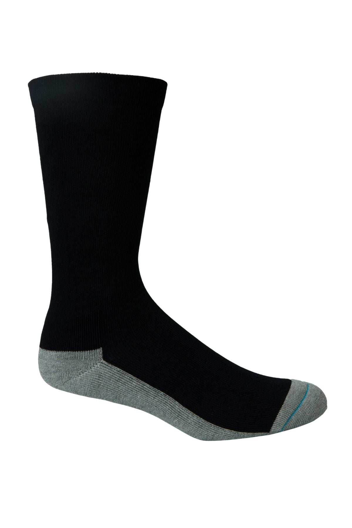 A single Bamboo Health Sock in black, featuring a gray heel, toe, and sole, is displayed on a white background.