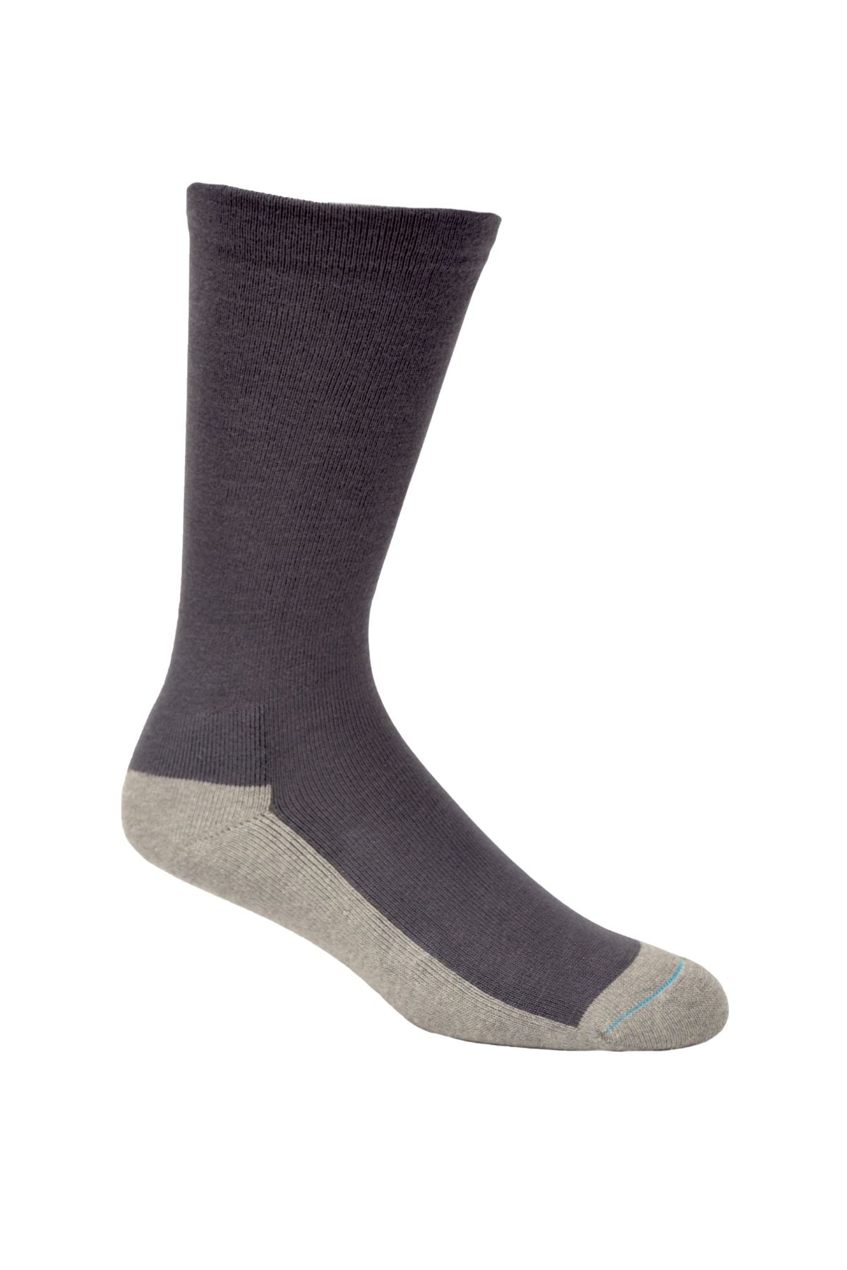 A single Bamboo Health Sock in dark gray with a lighter gray heel, toe, and sole is displayed upright on a white background.