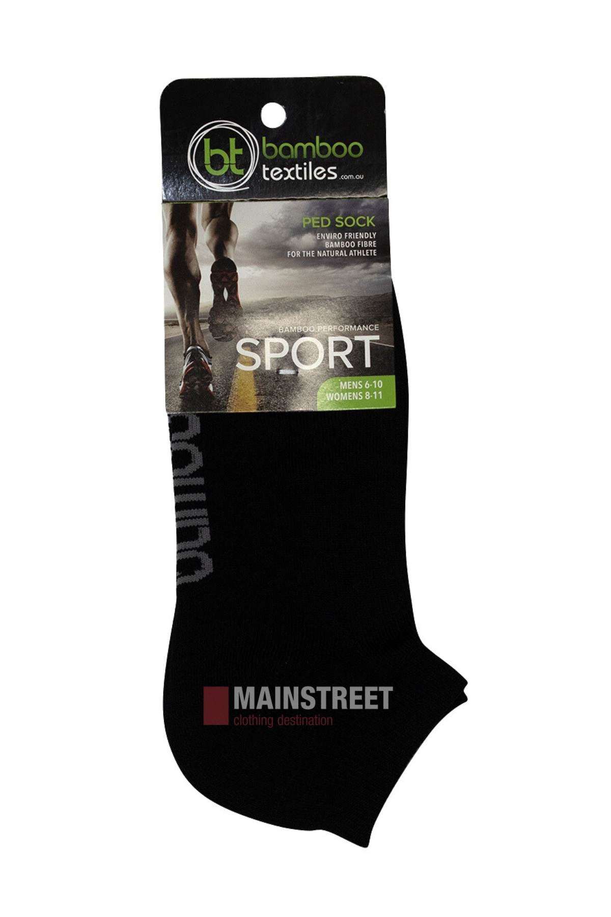 A pair of black Bamboo Ped Sock in packaging, ideal for sports, with a runner image and the "Mainstreet clothing destination" logo; fits men's size 6-10 and women's size 8-11.